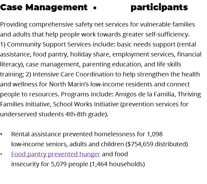 Case Management         participants  Providing comprehensive safety net services for vulnerable families and adults    
